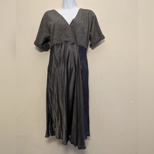 LINQ Gray Silk Midi Short Sleeve Faux Wrap Dress M